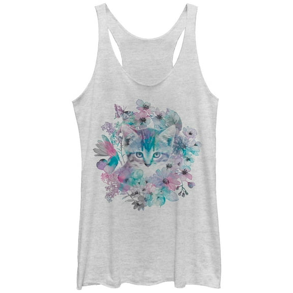 Women's Lost Gods Floral Wreath Kitten  Racerback Tank Top White Heather Large