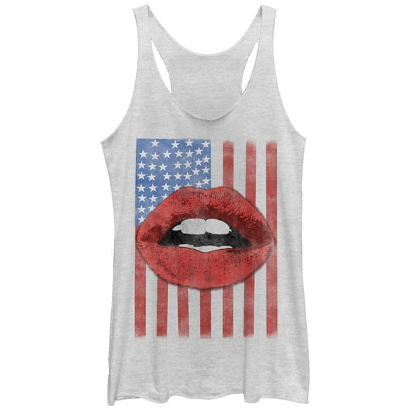 Women's Lost Gods Fourth of July  American Flag Lips  Racerback Tank Top White Heather Small