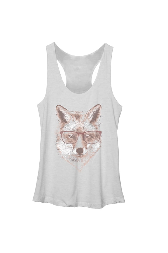 Women's Lost Gods Fox in Glasses Racerback Tank Top White Heather Medium