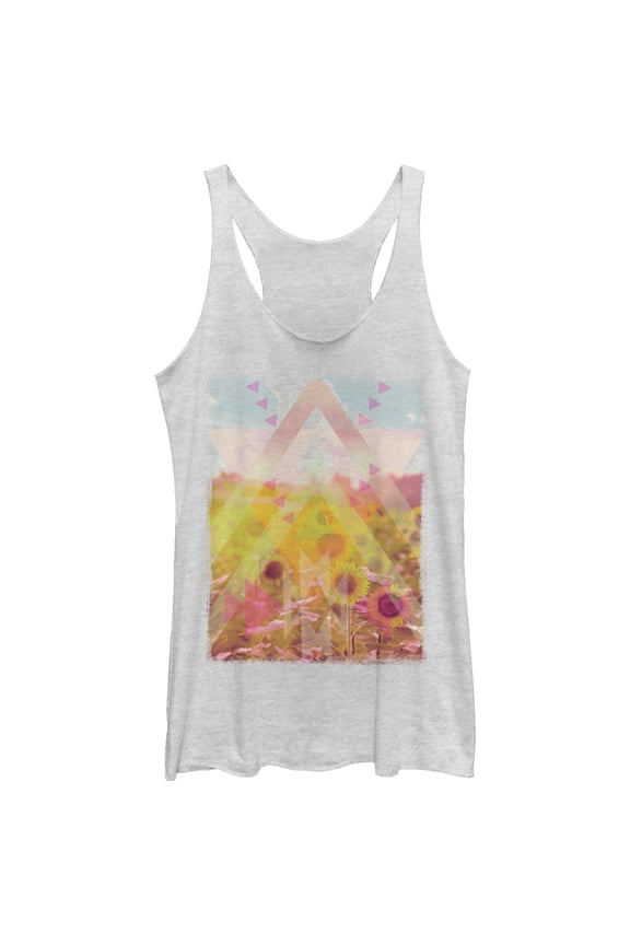 Women's Lost Gods Geometric Print Sunflowers Racerback Tank Top White Heather Large