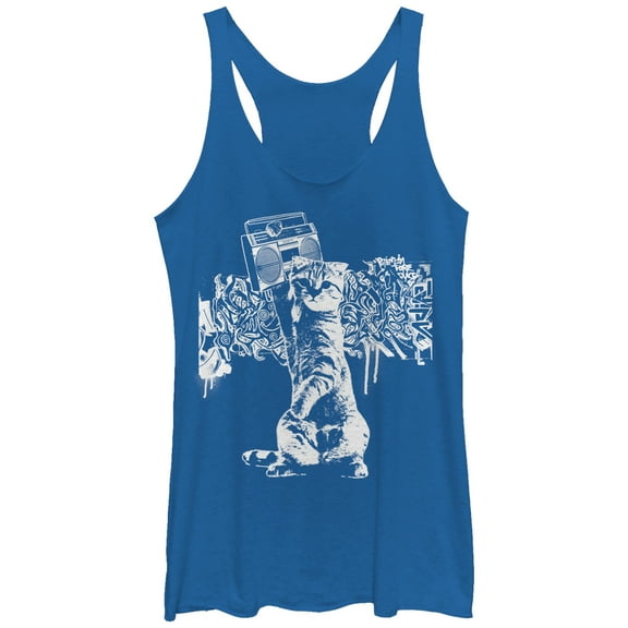 Women's Lost Gods Graffiti Boombox Cat  Racerback Tank Top Royal Blue Heather Medium