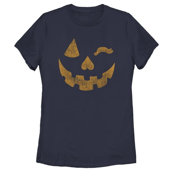 Women's Lost Gods Halloween Jack-o'-Lantern Wink Graphic Tee Navy Blue 2X Large