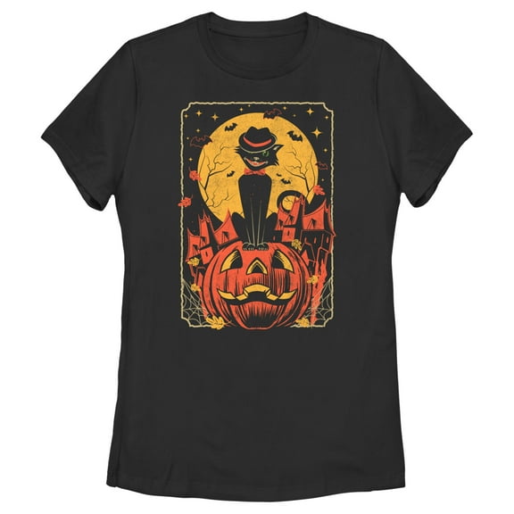 Women's Lost Gods Halloween Retro Cat Scene Graphic Tee Black Medium