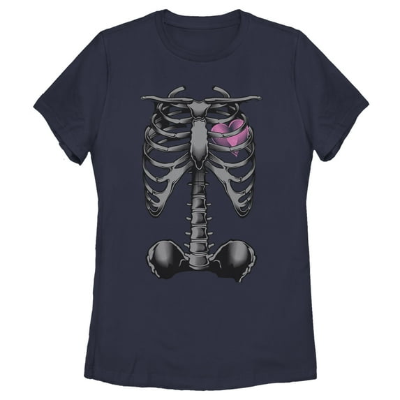 Women's Lost Gods Halloween Skeleton Rib Cage Heart Graphic Tee Navy Blue 2X Large