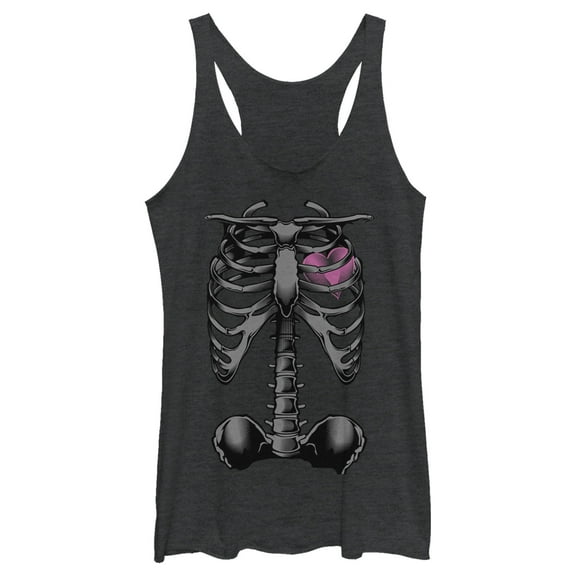 Women's Lost Gods Halloween Skeleton Rib Cage Heart  Racerback Tank Top Black Heather Large