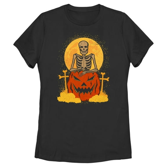Women's Lost Gods Halloween Skeleton and Jack-O'-Lantern  Graphic Tee Black Medium