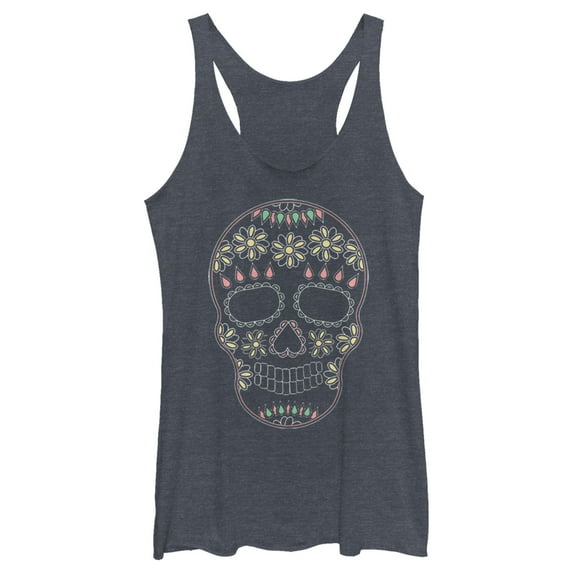Women's Lost Gods Halloween Sugar Skull Racerback Tank Top Navy Blue Heather Large
