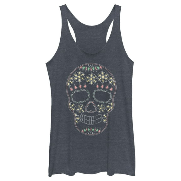 Women's Lost Gods Halloween Sugar Skull  Racerback Tank Top Navy Blue Heather Small