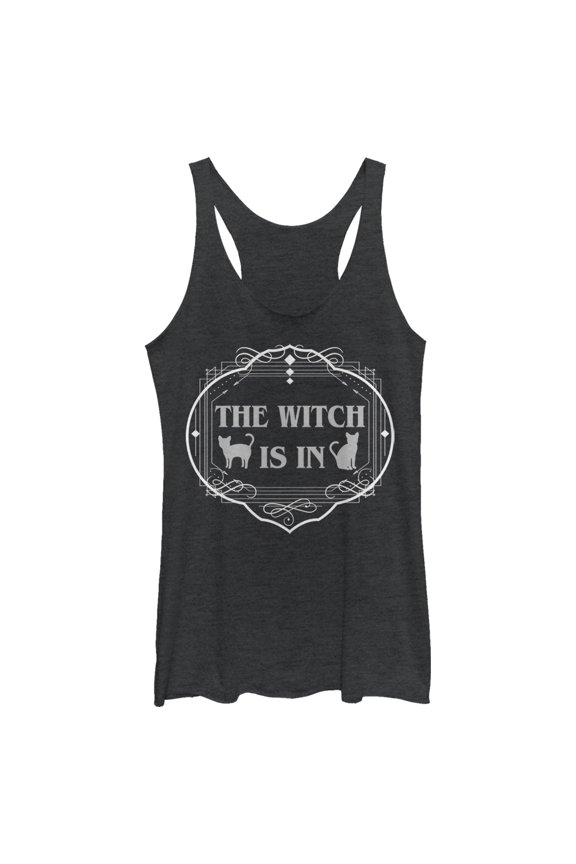 Women's Lost Gods Halloween The Witch Is In Cats Racerback Tank Top Black Heather 2X Large