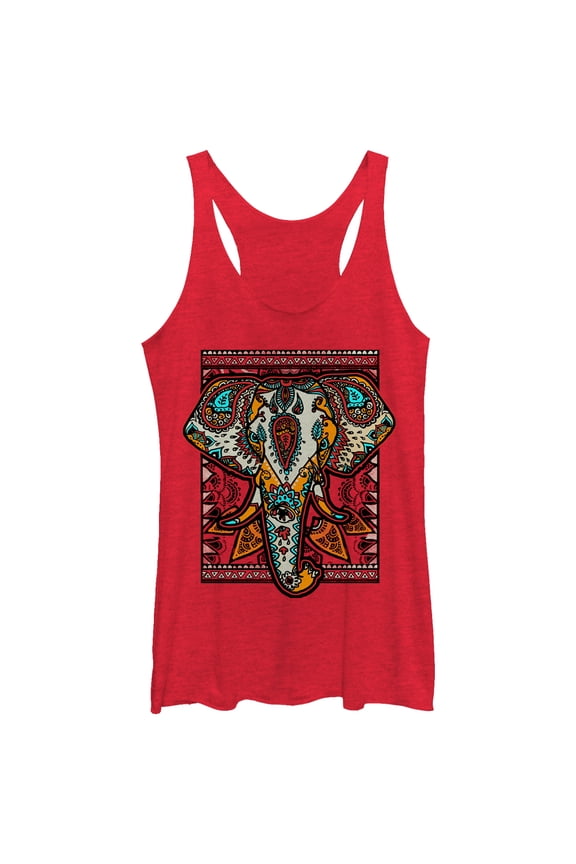Women's Lost Gods Henna Elephant Border Racerback Tank Top Red Heather Small
