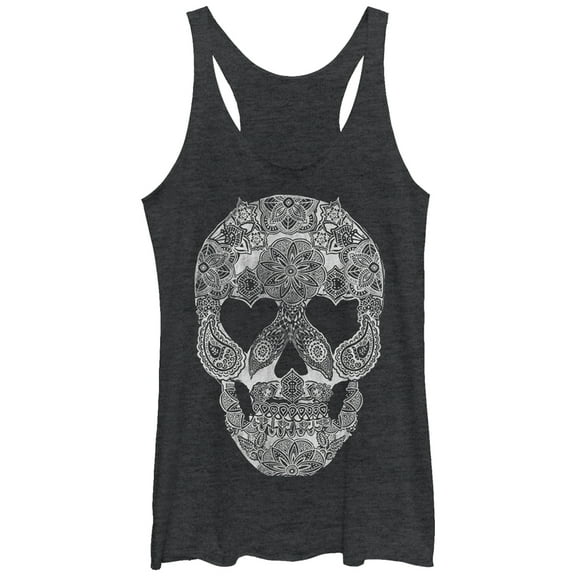 Women's Lost Gods Henna Grinning Skull Print  Racerback Tank Top Black Heather Medium