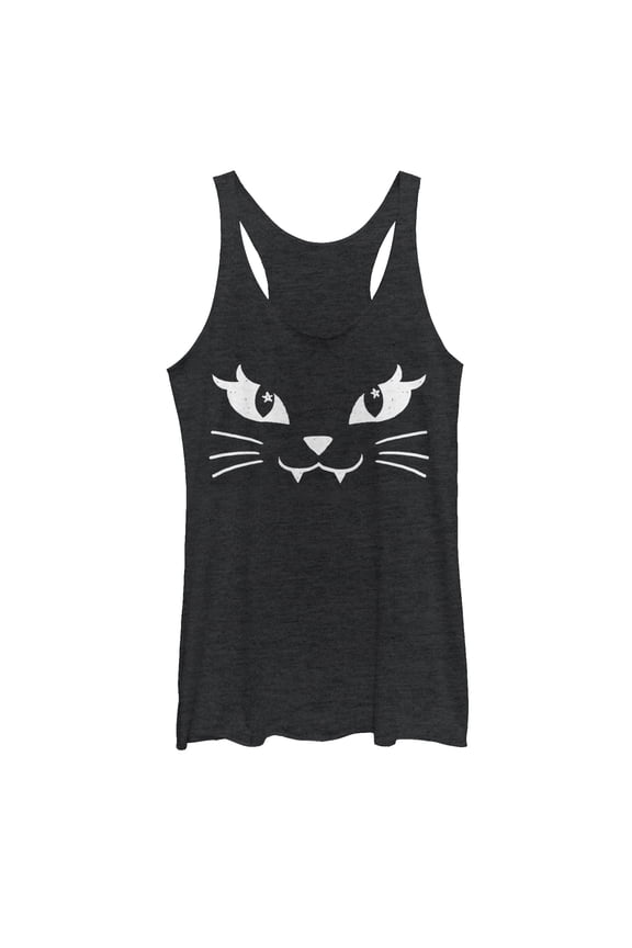 Women's Lost Gods Kitty Cat Face Racerback Tank Top Black Heather Large