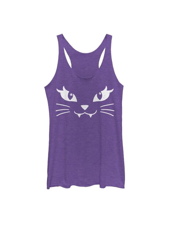 Women's Lost Gods Kitty Cat Face Racerback Tank Top Purple Heather 2X Large