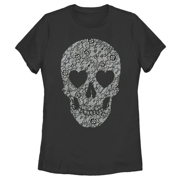 Women's Lost Gods Lace Print Heart Skull Graphic Tee Black 2X Large