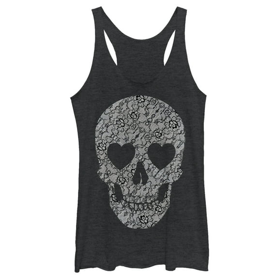 Women's Lost Gods Lace Print Heart Skull Racerback Tank Top Black Heather Large