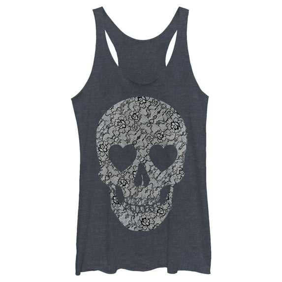 Women's Lost Gods Lace Print Heart Skull Racerback Tank Top Navy Blue Heather Large