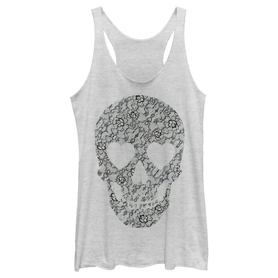 Women's Lost Gods Lace Print Heart Skull Racerback Tank Top White Heather Small