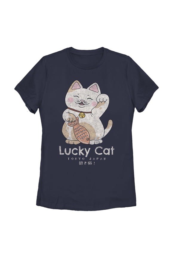 Women's Lost Gods Lucky Cat on Your Side Graphic Tee Navy Blue Medium