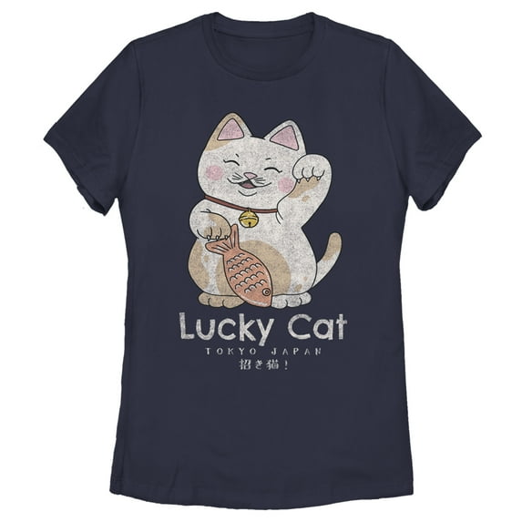 Women's Lost Gods Lucky Cat on Your Side Graphic Tee Navy Blue Small