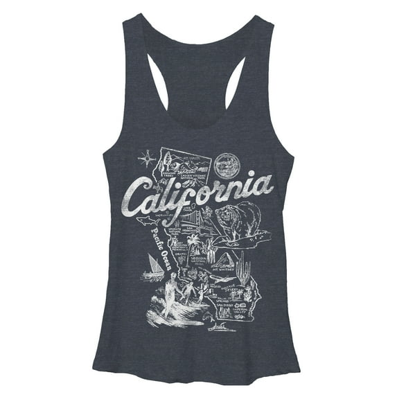 Women's Lost Gods Map of California Racerback Tank Top Navy Blue Heather Large