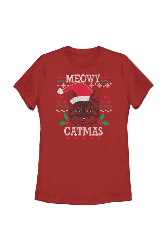 Women's Lost Gods Meowy Catmas Knit Graphic Tee Red Small