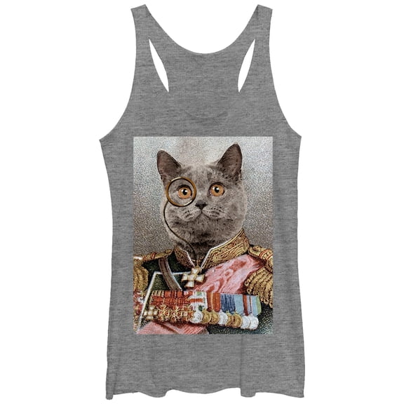 Women's Lost Gods Monocle and Medals Cat Racerback Tank Top Gray Heather Small