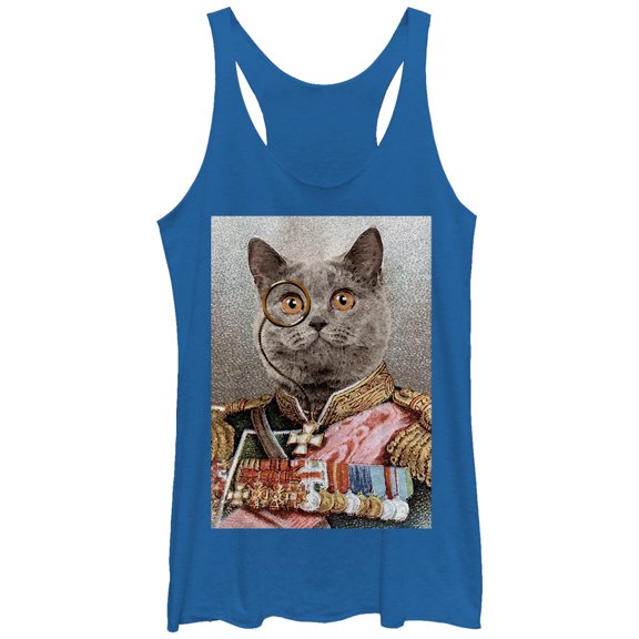 Women's Lost Gods Monocle and Medals Cat  Racerback Tank Top Royal Blue Heather Large