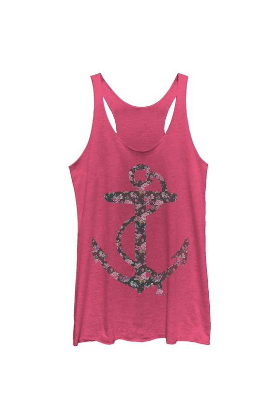 Women's Lost Gods Nautical Floral Print Anchor  Racerback Tank Top Pink Heather X Large