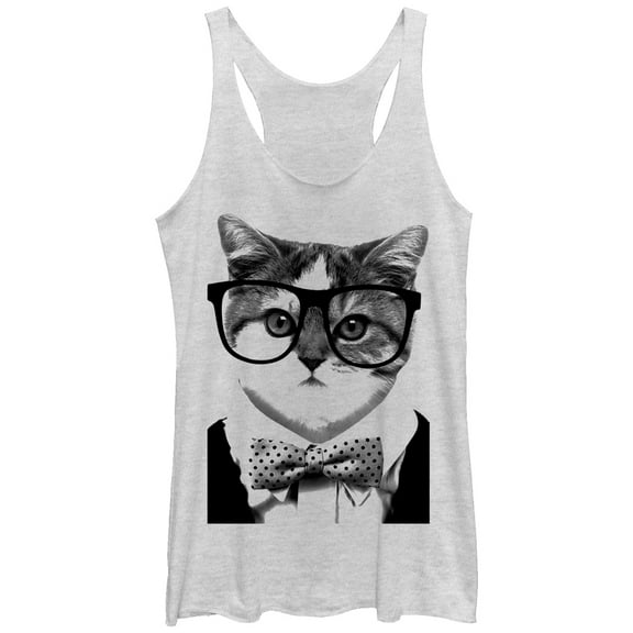 Women's Lost Gods Nerd Glasses Bowtie Cat Racerback Tank Top White Heather Medium