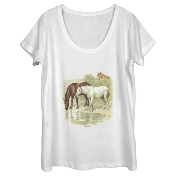 Women's Lost Gods Retro Horses Portrait Scoop Neck White 2X Large