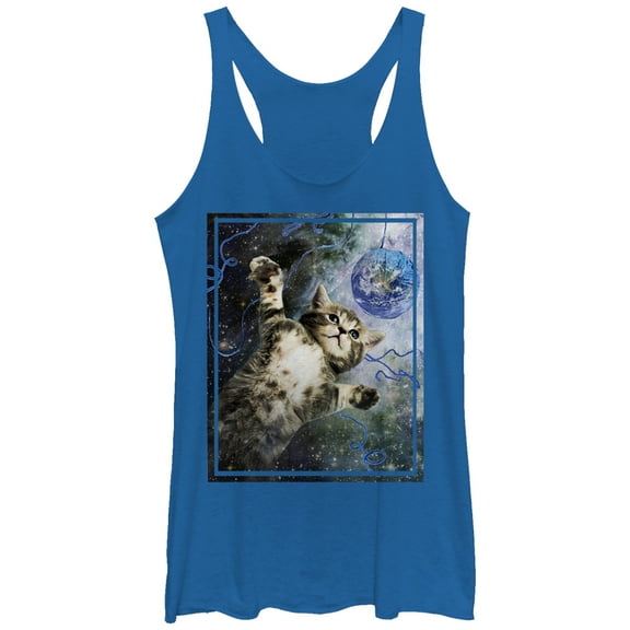 Women's Lost Gods Space Yarn Cat Racerback Tank Top Royal Blue Heather Medium