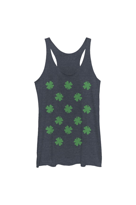 Women's Lost Gods St. Patrick's Day Four-Leaf Clover Print Racerback Tank Top Navy Blue Heather Large
