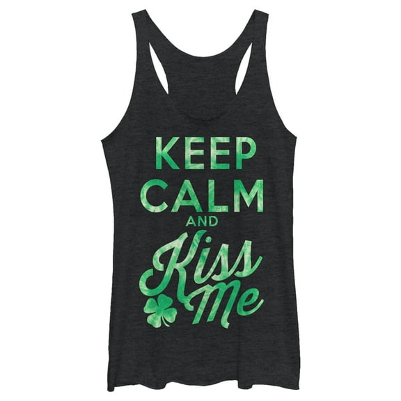 Women's Lost Gods St. Patrick's Day Keep Calm and Kiss Me Racerback Tank Top Black Heather Medium