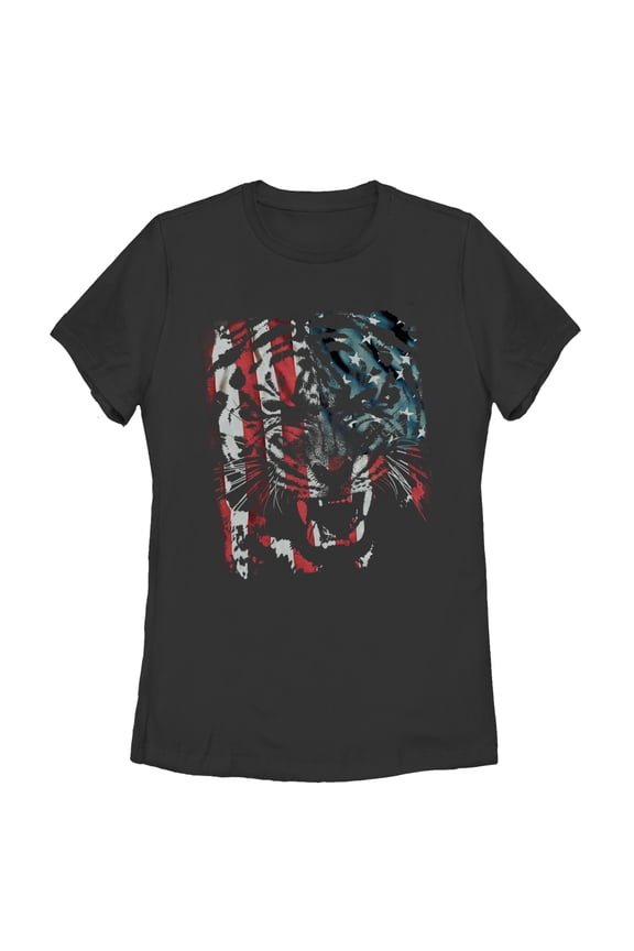 Women's Lost Gods Tiger Growl American Flag Graphic Tee Black Medium