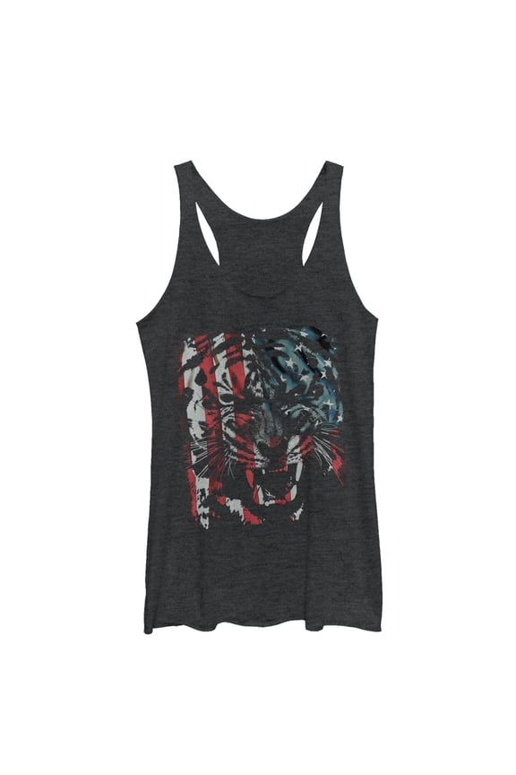 Women's Lost Gods Tiger Growl American Flag Racerback Tank Top Black Heather Medium