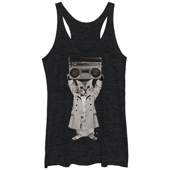 Women's Lost Gods Trench Coat Boombox Cat Racerback Tank Top Black Heather Small