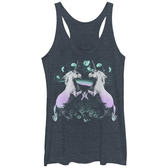 Women's Lost Gods Two Moon Unicorn Racerback Tank Top Navy Blue Heather X Large