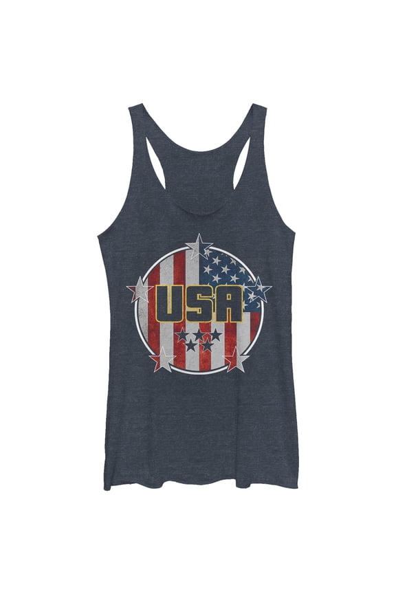 Women's Lost Gods USA Flag Circle Racerback Tank Top Navy Blue Heather Large