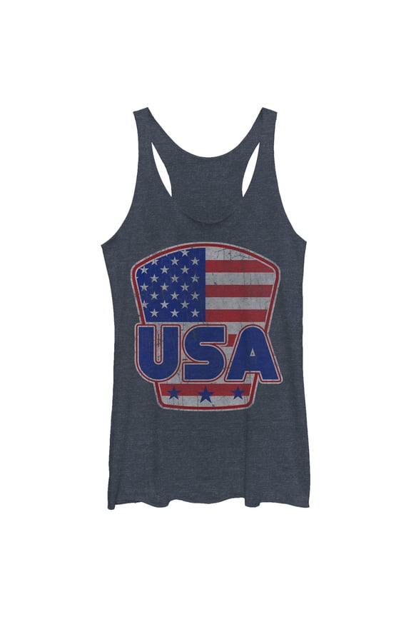 Women's Lost Gods USA Shield  Racerback Tank Top Navy Blue Heather Medium