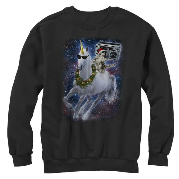 Men's Lost Gods Ugly Christmas Cat Unicorn Space Song  Sweatshirt Black X Large