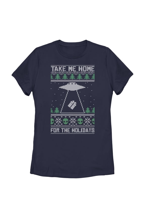Women's Lost Gods Ugly Christmas Take Me Home for the Holidays Graphic Tee Navy Blue Small