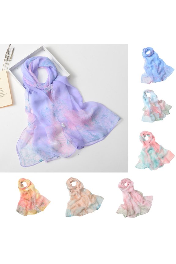 Women's Lotus Print Long Scarf Soft Wrap Shawl Flowing Elegant Design