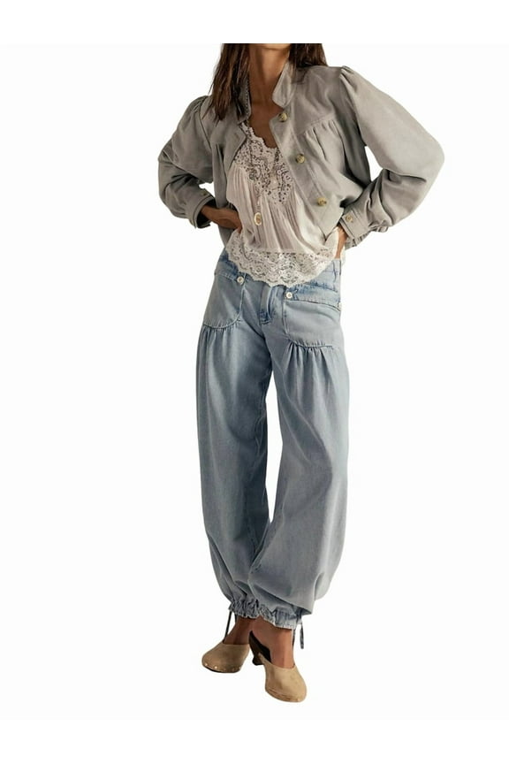 Women's Lotus Tube Jeans Mid Rise Baggy Wide Leg Jeans Ruffle Pleated Denim Pants with Drawstring