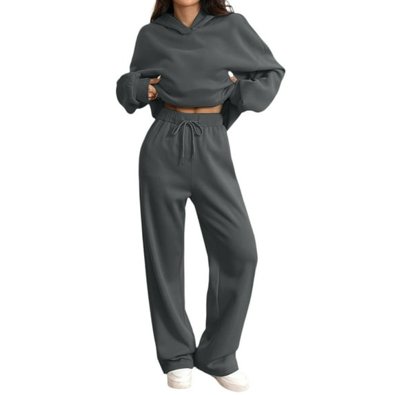 Women's Lounge 2 Piece Outfit Oversized Sweatshirt Wide Leg Sweatpants Sweatsuit With Pockets Dark Gray M