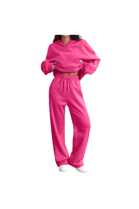 Women's Lounge 2 Piece Sweatsuit Set Oversized Hoodie Wide Leg Sweatpants Casual Track Outfit Hot Pink L