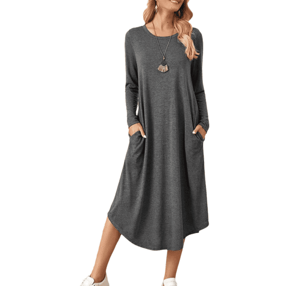 Women's Lounge Dress Long Sleeve Midi Long Dress Loose Casual Side Slit Dresses Pocket