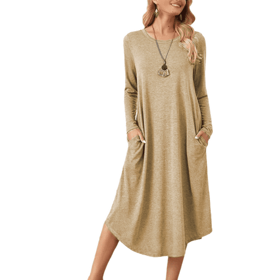 Women's Lounge Dress Long Sleeve Midi Long Dress Loose Casual Side Slit Dresses Pocket