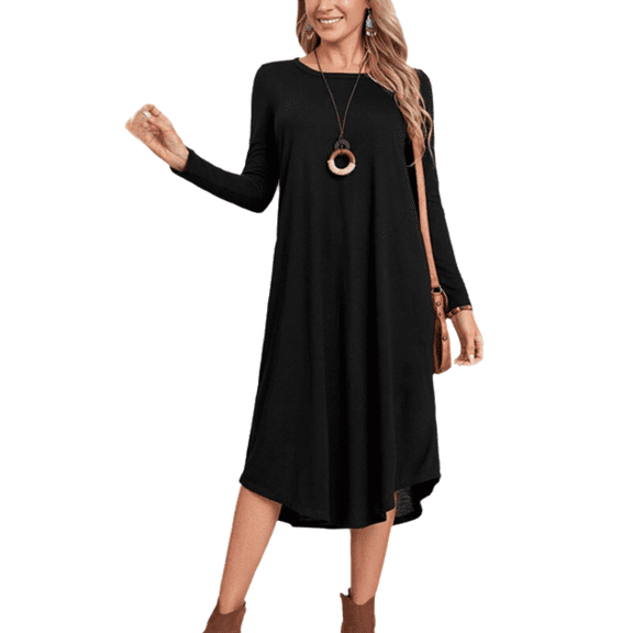 Women's Lounge Dress Long Sleeve Midi Long Dress Loose Casual Side Slit Dresses Pocket