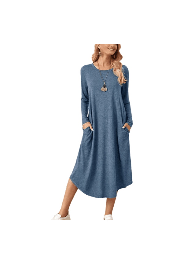 Women's Lounge Dress Long Sleeve Midi Long Dress Loose Casual Side Slit Dresses Pocket