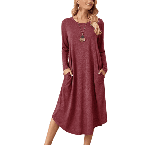 Women's Lounge Dress Long Sleeve Midi Long Dress Loose Casual Side Slit Dresses Pocket